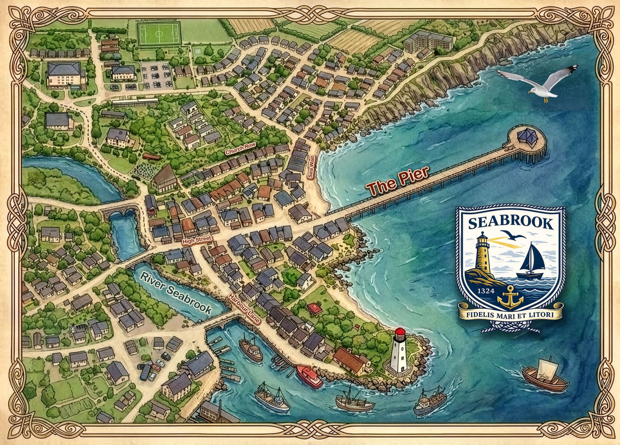 An illustrated map of Seabrook, drawn from above: the town, the river, the harbour and the pier.