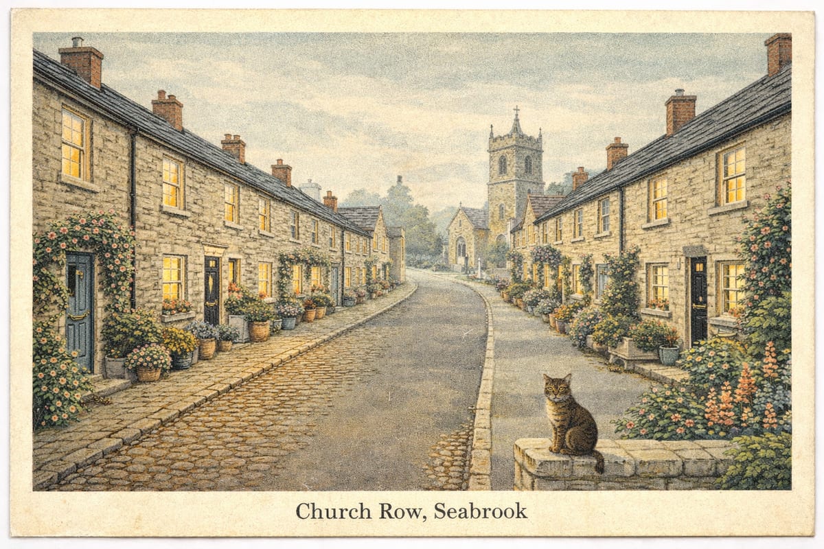 A postcard of Church Row, Seabrook: two terraces of pale stone cottages facing each other across a street where the cobbles give way to tarmac, a square church tower at the far end and a tabby cat on a low wall.
