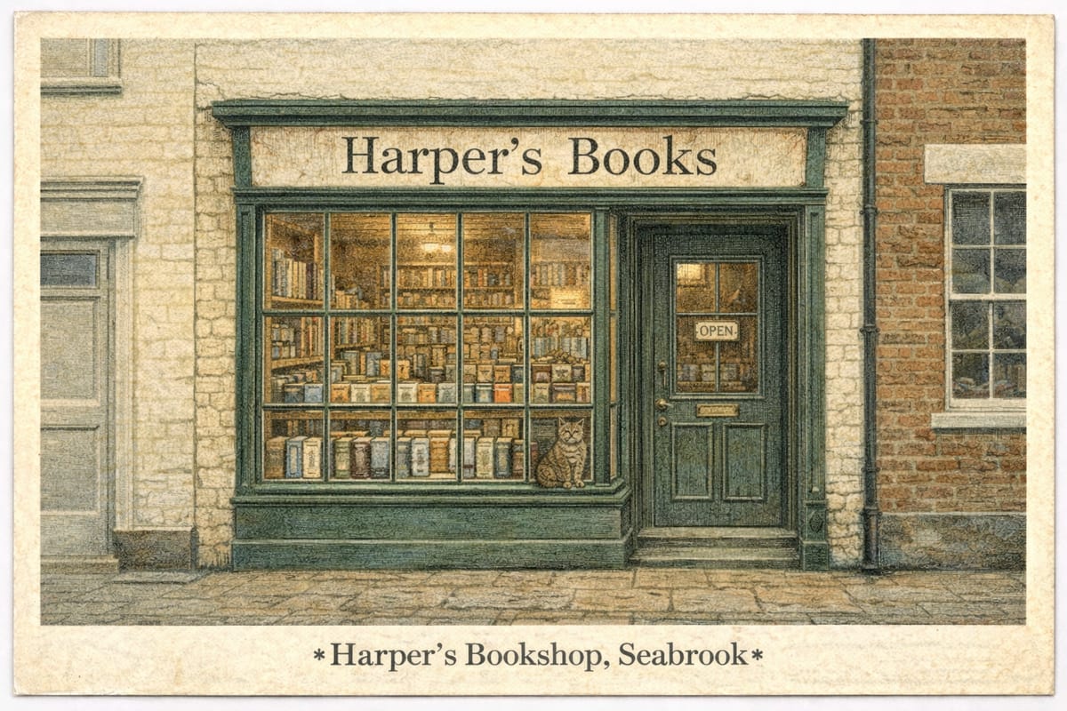 A postcard of Harper’s Bookshop, Seabrook: a dark green shopfront lettered Harper’s Books, a window full of books, an Open sign on the door and a tabby cat sitting in the window.