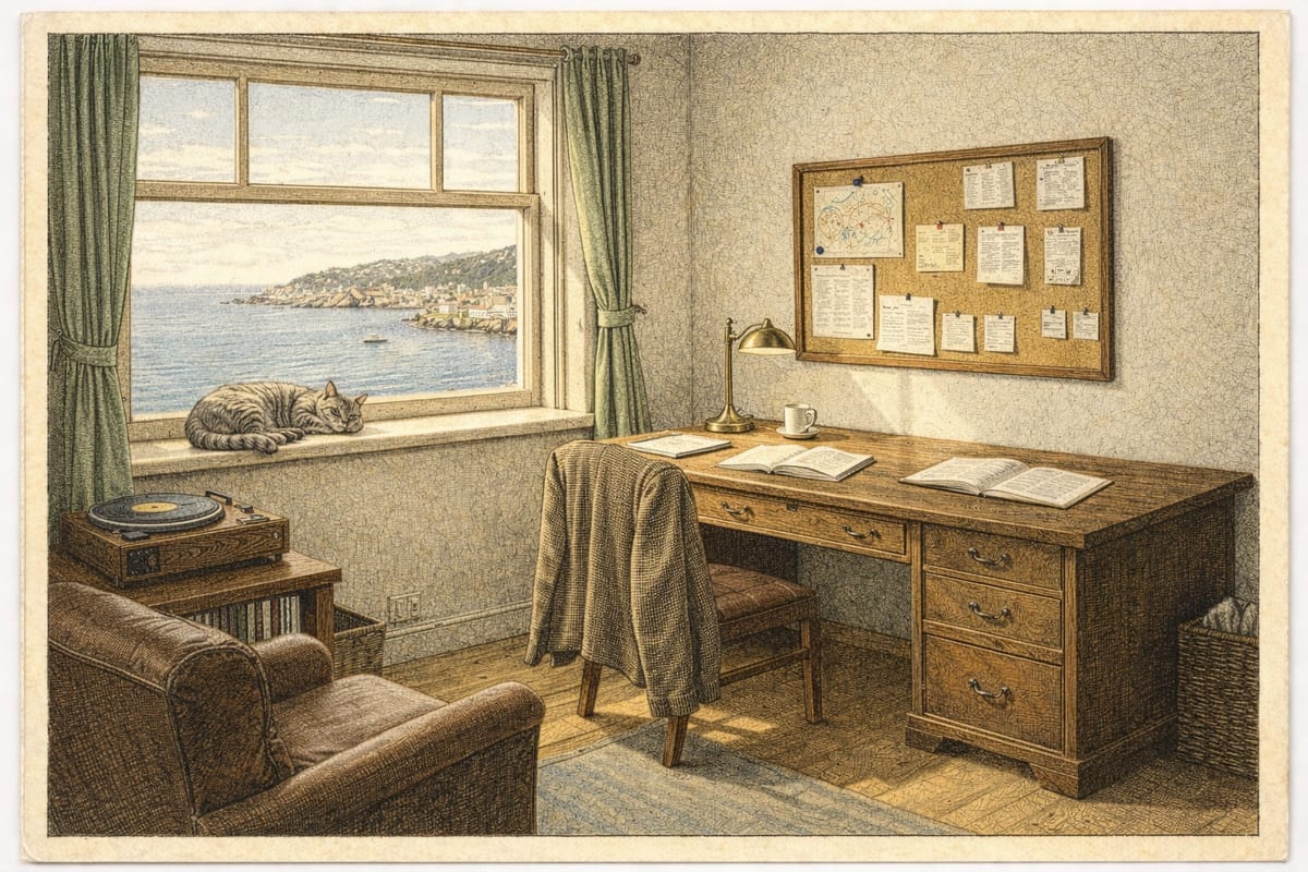 A postcard of the office above Harper’s Bookshop: a desk by the window, a record player, and Holmes asleep on the sill above the sea.