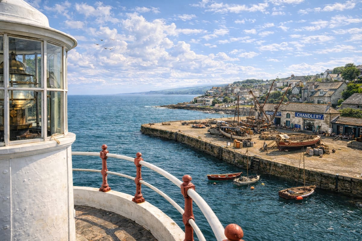 The view from the lighthouse gallery: the white lantern room and a railing with red posts in the foreground, and below them the quay, boats drawn up for repair, a stone building signed Chandlery and the town on the hill.