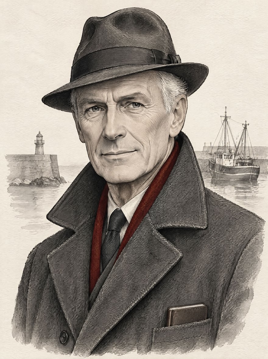 Arthur Penrose in ink and grey wash: a lean, lined man of seventy in a felt hat, a dark overcoat and a dark red scarf, a notebook in his breast pocket, with the harbour wall and a fishing boat behind him.