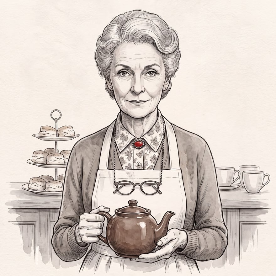 Mrs Finch in ink and grey wash: a small, neat woman in her sixties with silver hair pinned up, in an apron and cardigan with a red brooch at her collar and her glasses on a chain, holding a brown teapot beside a stand of scones.