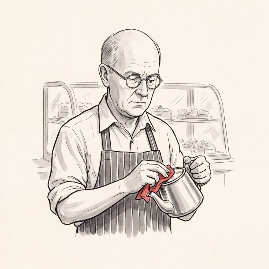 Colin Finch in ink and grey wash: a balding man in round spectacles and a striped apron, his sleeves rolled, polishing a metal teapot with a red cloth in front of the cake display.