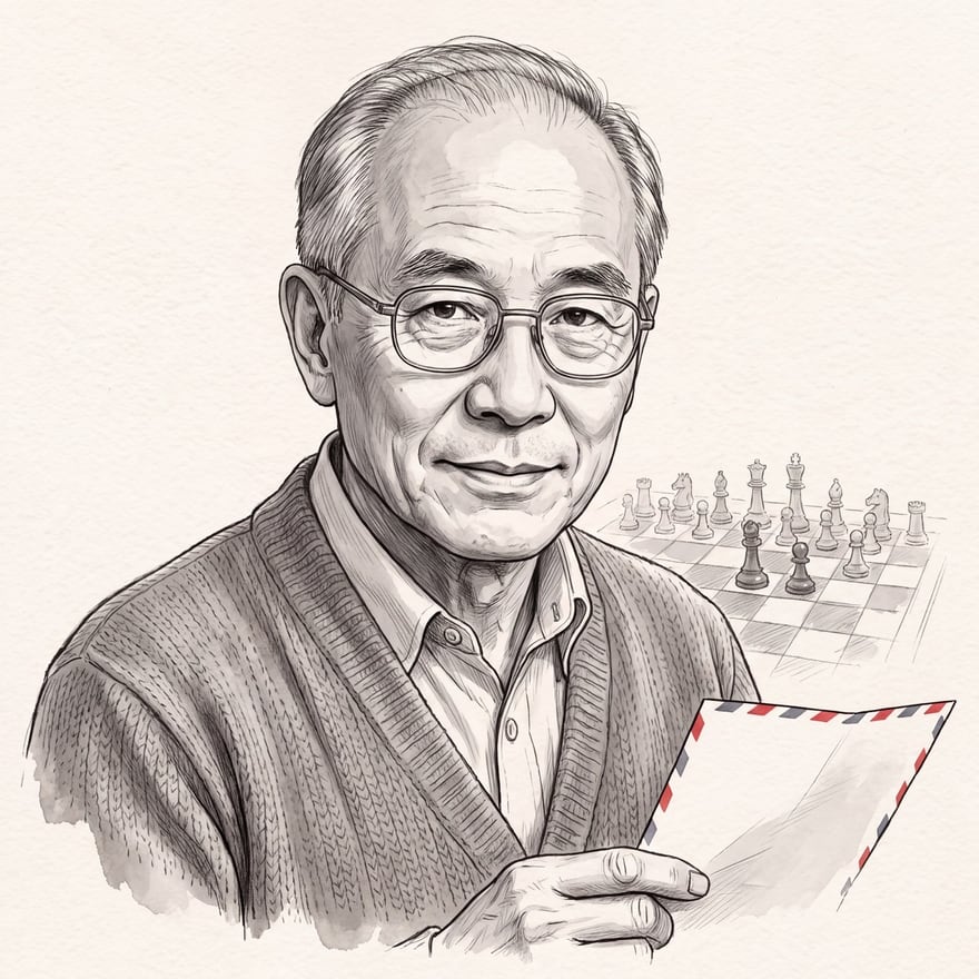 Dr Huang in ink and grey wash: an older Chinese man with short grey hair and wire-rimmed glasses, in a cardigan, holding an airmail envelope with a striped border, with a chessboard in mid-game behind him.