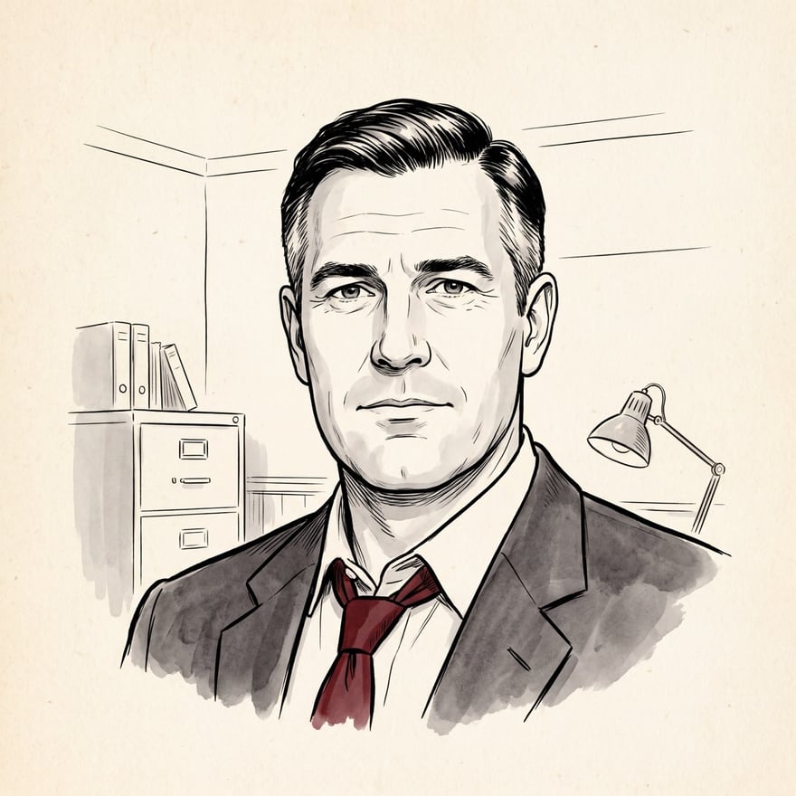 Inspector Wainwright in ink and grey wash: a broad, square-faced man in his forties with dark hair greying at the temples, in a dark suit and a loosened dark red tie, with a filing cabinet and a desk lamp behind him.