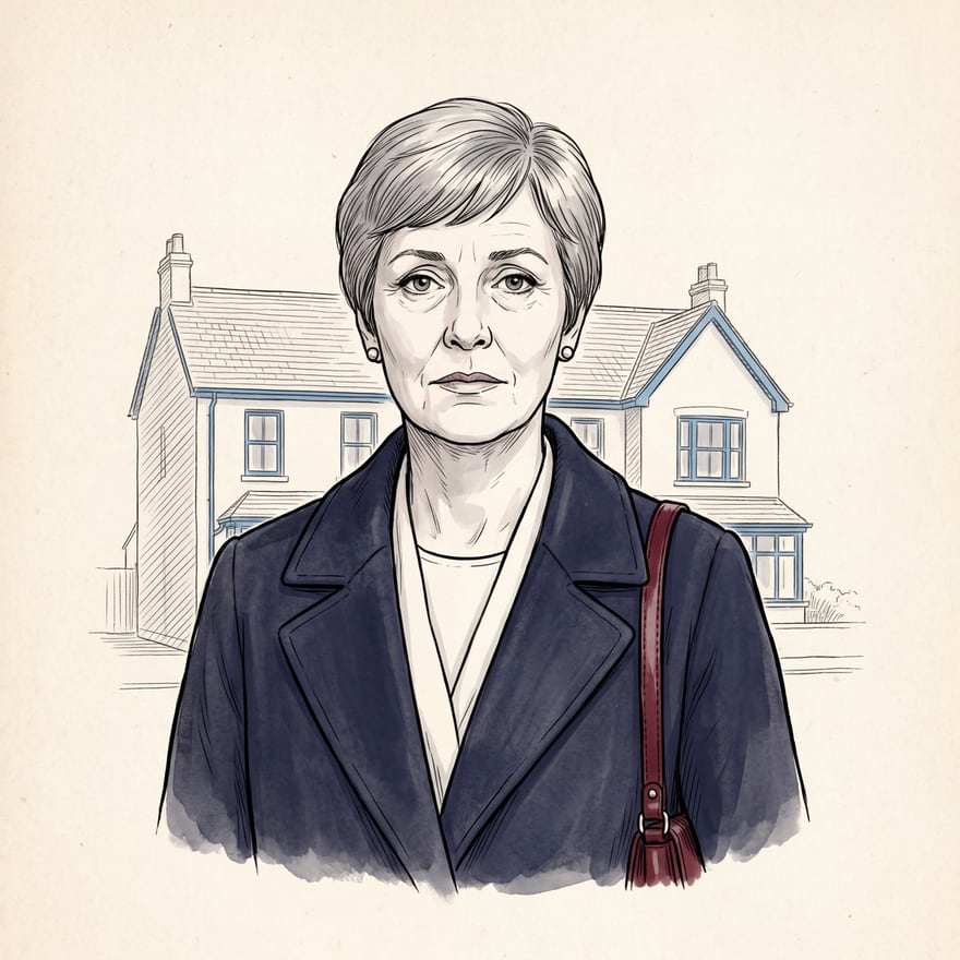 Margaret Holloway in ink and grey wash: a composed woman in her early sixties with short grey hair and pearl earrings, in a navy wool coat with a dark red handbag on her shoulder, in front of a white guesthouse with blue window frames.