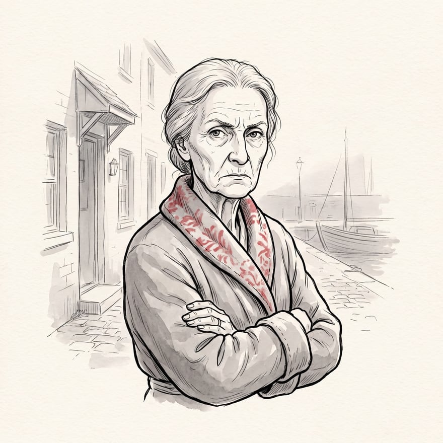 Mrs Hodge in ink and grey wash: a thin woman in her late seventies with grey hair pinned back and her arms folded over an old dressing gown with a faded red pattern at the collar, on Harbour Lane with the cottages and a boat behind her.