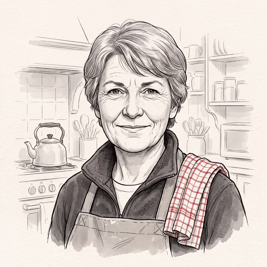 Nancy Rowe in ink and grey wash: a woman in her fifties with short grey hair and laughter lines, an apron over a fleece and a red-checked tea towel on her shoulder, in a kitchen with the kettle on the stove.