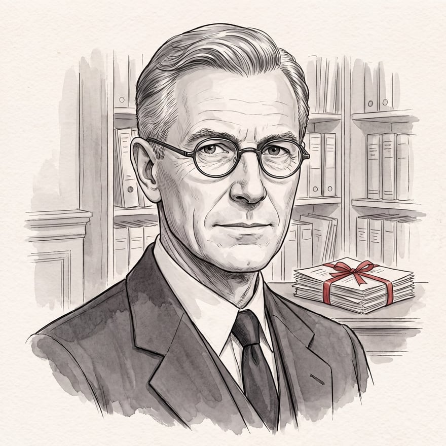 Philip Whitmore in ink and grey wash: a neat grey-haired man in spectacles, a dark suit and a dark tie, with shelves of files behind him and a bundle of papers tied in red ribbon.
